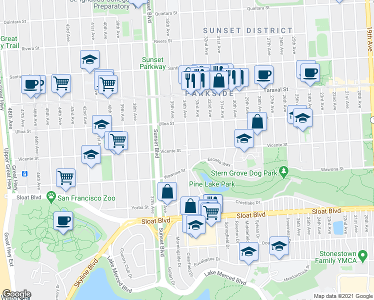 map of restaurants, bars, coffee shops, grocery stores, and more near 34th Ave & Vicente St in San Francisco