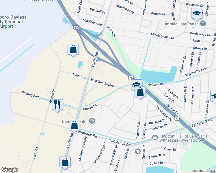 map of restaurants, bars, coffee shops, grocery stores, and more near 3286 Buckland Square in Owensboro
