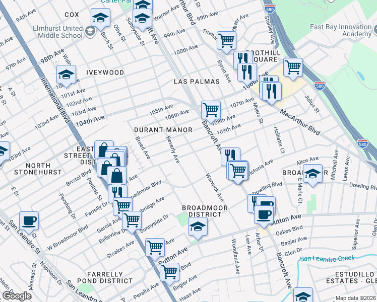 map of restaurants, bars, coffee shops, grocery stores, and more near 2045 Durant Avenue in Oakland