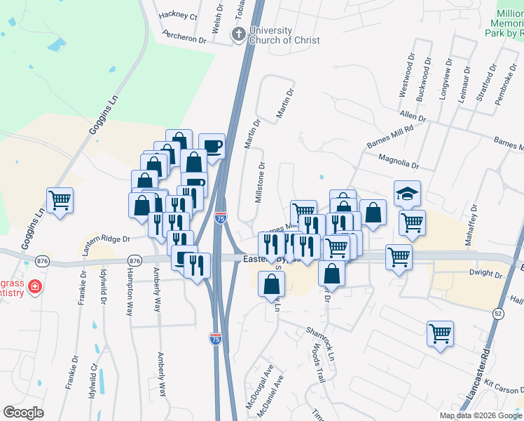 map of restaurants, bars, coffee shops, grocery stores, and more near 107 Millstone Drive in Richmond