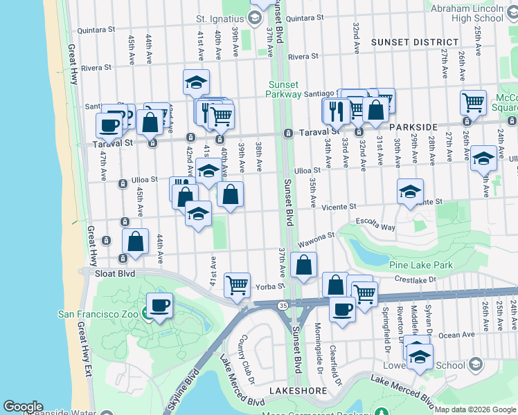 map of restaurants, bars, coffee shops, grocery stores, and more near 2599 38th Avenue in San Francisco