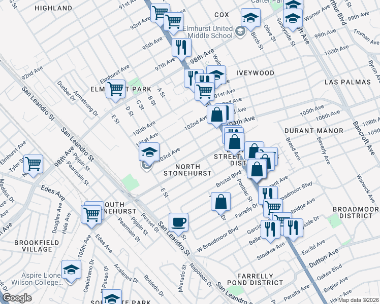 map of restaurants, bars, coffee shops, grocery stores, and more near 1257 104th Avenue in Oakland