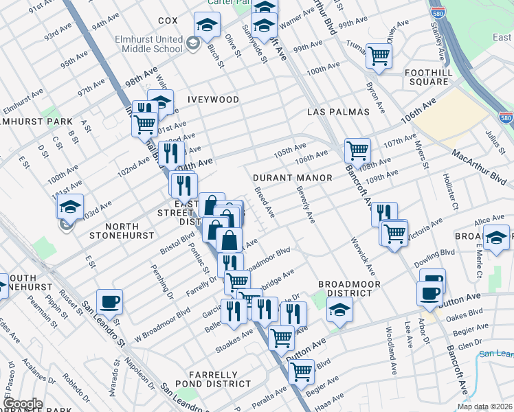 map of restaurants, bars, coffee shops, grocery stores, and more near 10786 Eagle Court in Oakland