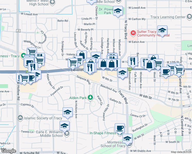 map of restaurants, bars, coffee shops, grocery stores, and more near 1122 West 11th Street in Tracy