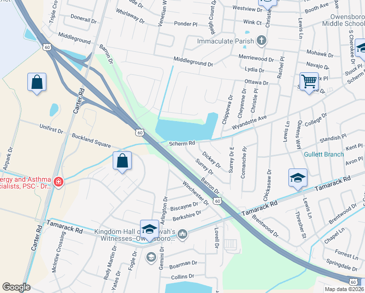 map of restaurants, bars, coffee shops, grocery stores, and more near 2226 Scherm Road in Owensboro