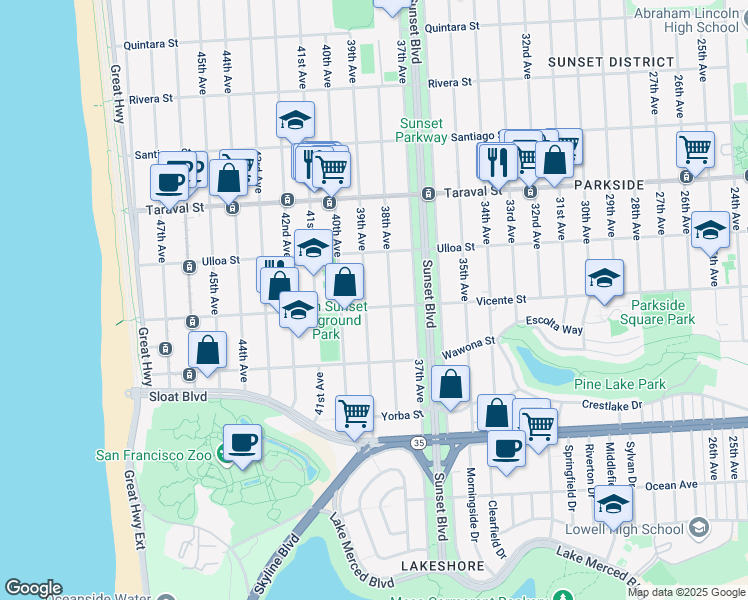 map of restaurants, bars, coffee shops, grocery stores, and more near 2599 38th Avenue in San Francisco