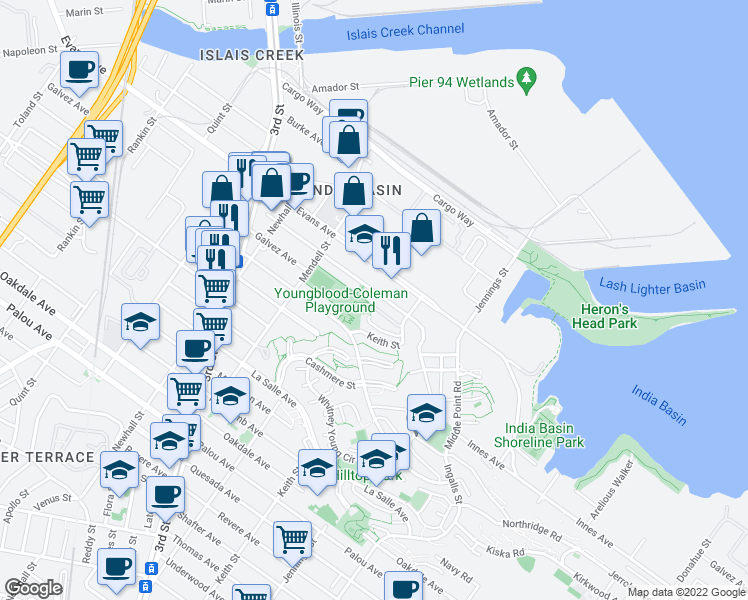 map of restaurants, bars, coffee shops, grocery stores, and more near 1275 Fairfax Avenue in San Francisco