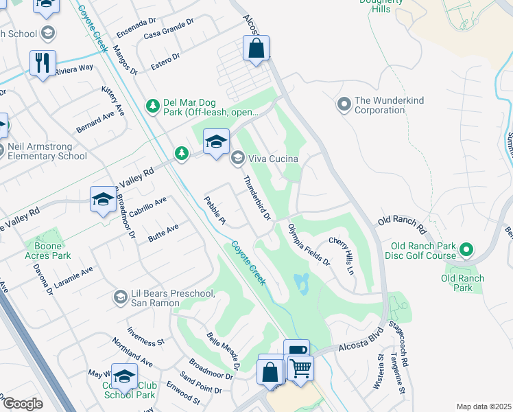 map of restaurants, bars, coffee shops, grocery stores, and more near 9637 Thunderbird Drive in San Ramon