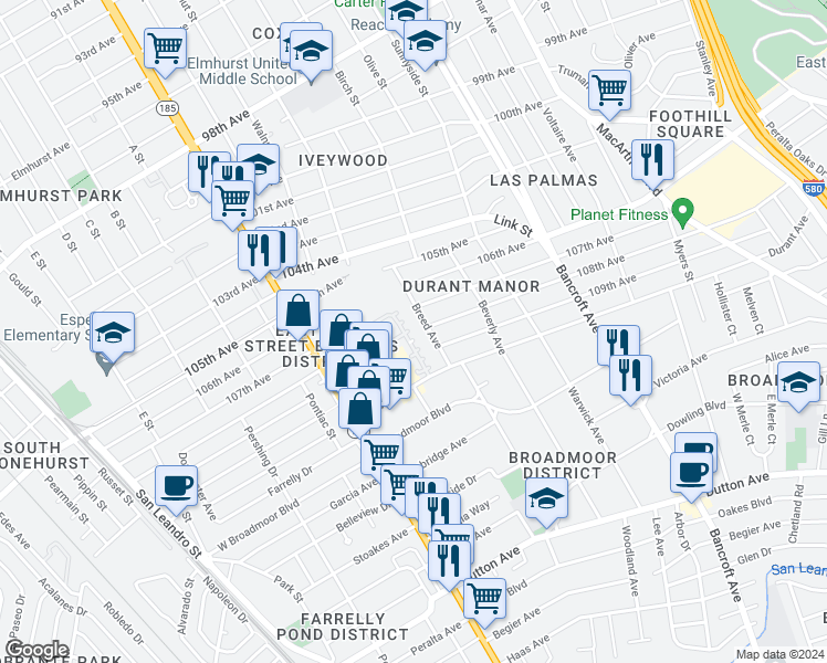 map of restaurants, bars, coffee shops, grocery stores, and more near 10786 Eagle Court in Oakland