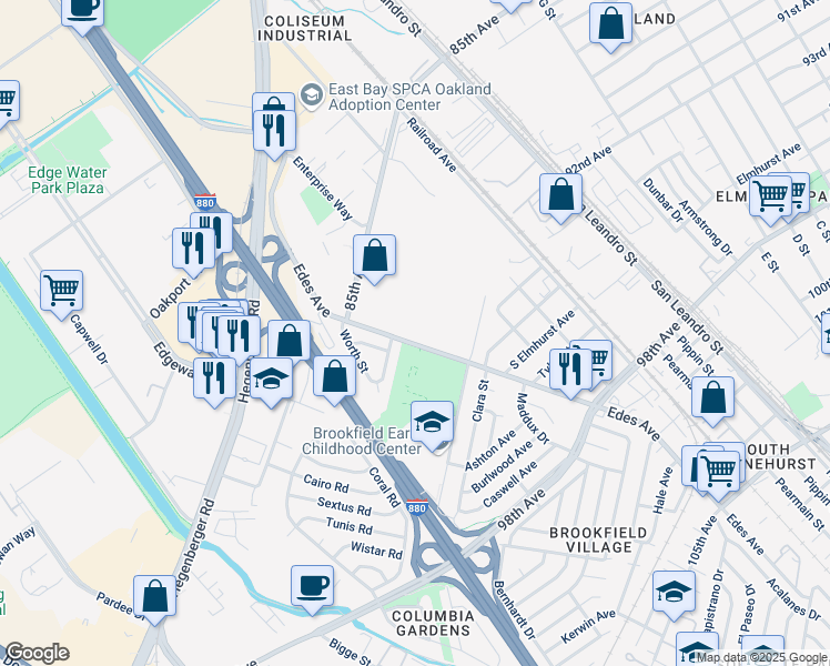 map of restaurants, bars, coffee shops, grocery stores, and more near 9190 Edes Avenue in Oakland