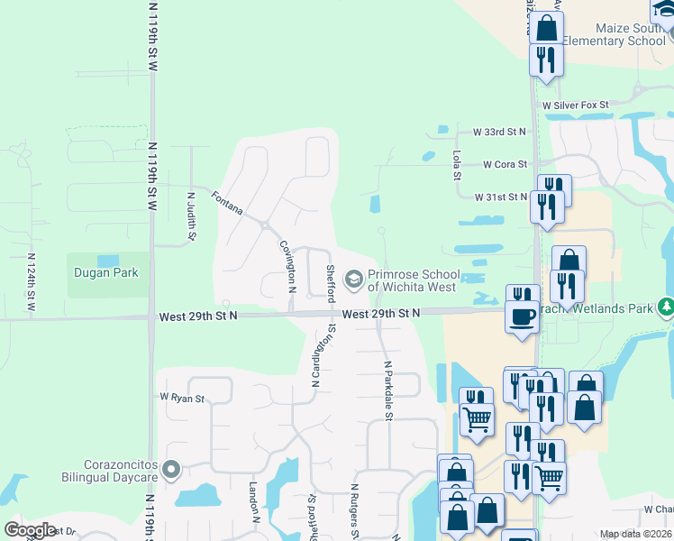 map of restaurants, bars, coffee shops, grocery stores, and more near 3102 North Shefford Street in Wichita