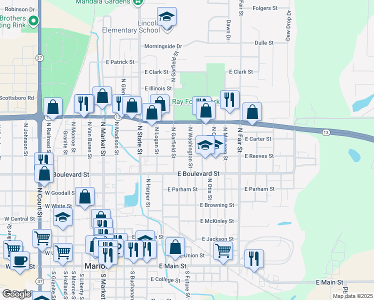 map of restaurants, bars, coffee shops, grocery stores, and more near 1004 North Washington Street in Marion
