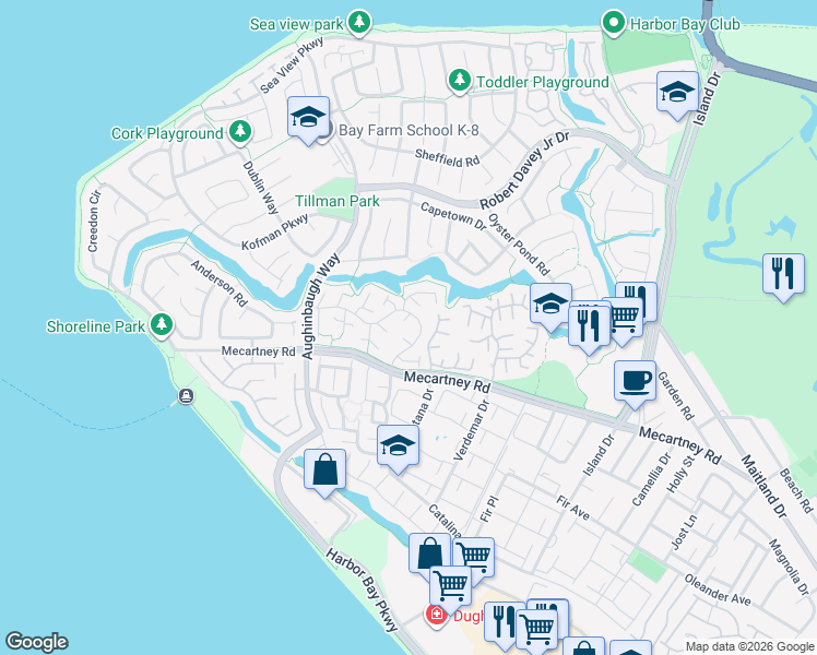 map of restaurants, bars, coffee shops, grocery stores, and more near 125 Cardigan Bay in Alameda