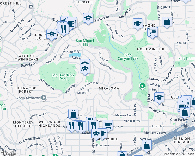 map of restaurants, bars, coffee shops, grocery stores, and more near in San Francisco
