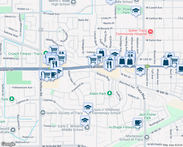 map of restaurants, bars, coffee shops, grocery stores, and more near 1035 Meadow Lark Lane in Tracy
