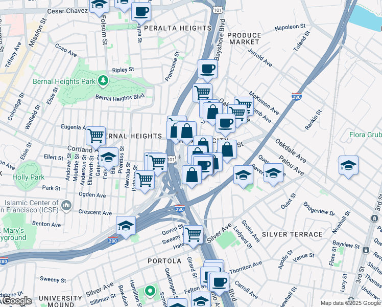 map of restaurants, bars, coffee shops, grocery stores, and more near 250 Industrial Street in San Francisco