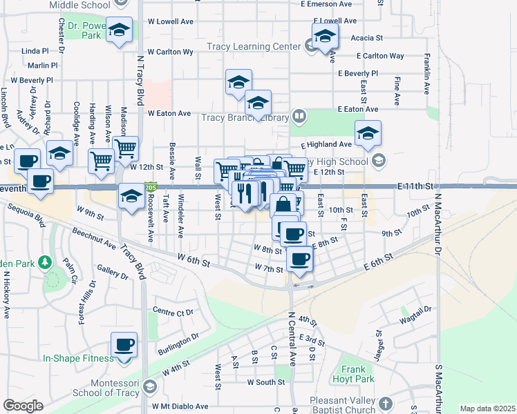map of restaurants, bars, coffee shops, grocery stores, and more near 69 West 10th Street in Tracy