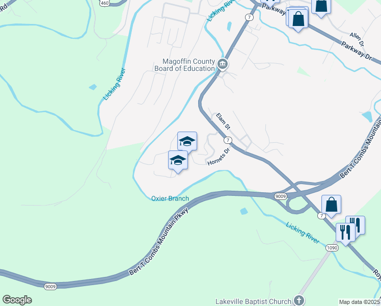 map of restaurants, bars, coffee shops, grocery stores, and more near Hornets Drive in Salyersville