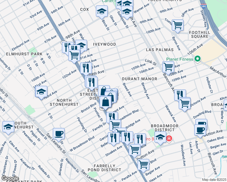 map of restaurants, bars, coffee shops, grocery stores, and more near in Oakland