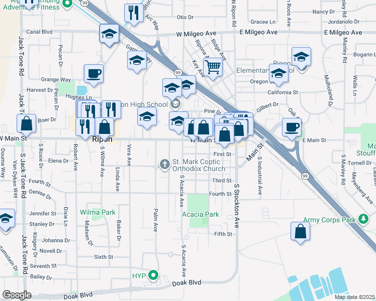 map of restaurants, bars, coffee shops, grocery stores, and more near 413 1st Street in Ripon