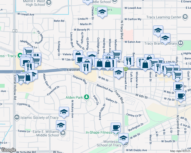 map of restaurants, bars, coffee shops, grocery stores, and more near 1122 West 11th Street in Tracy
