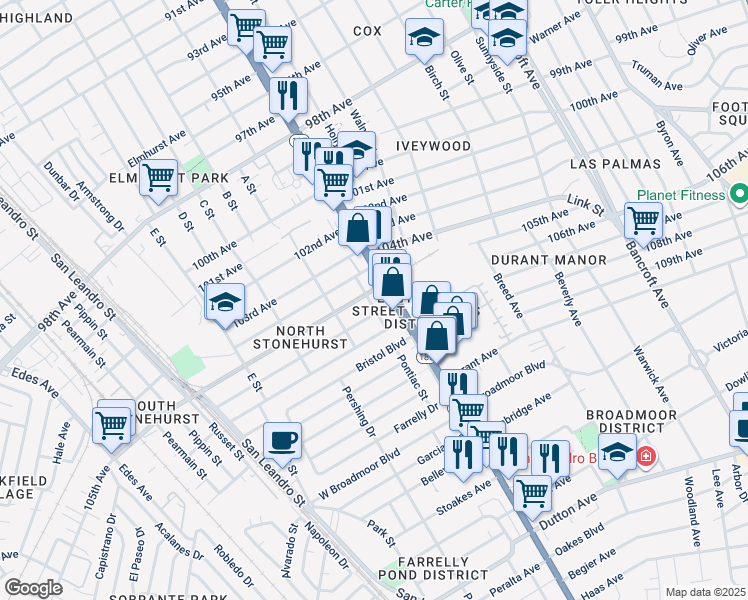 map of restaurants, bars, coffee shops, grocery stores, and more near 1342 105th Avenue in Oakland
