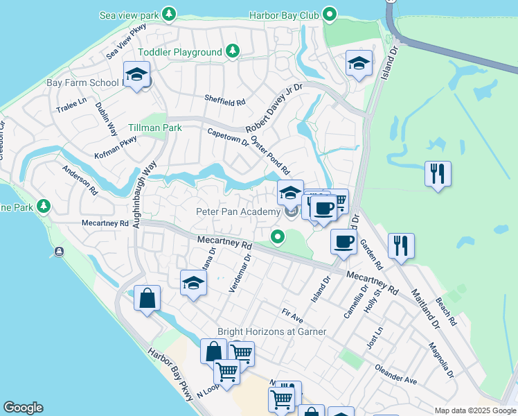 map of restaurants, bars, coffee shops, grocery stores, and more near 613 Ironwood Road in Alameda