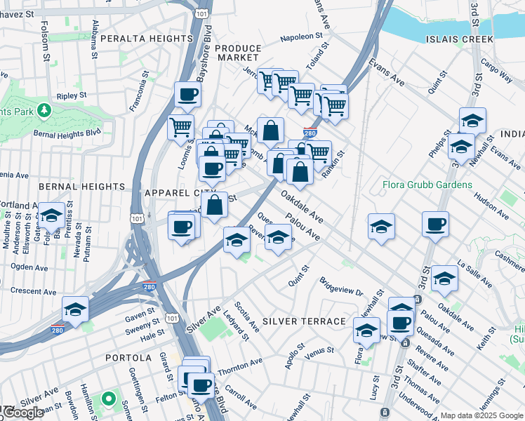 map of restaurants, bars, coffee shops, grocery stores, and more near 2166 Quesada Avenue in San Francisco