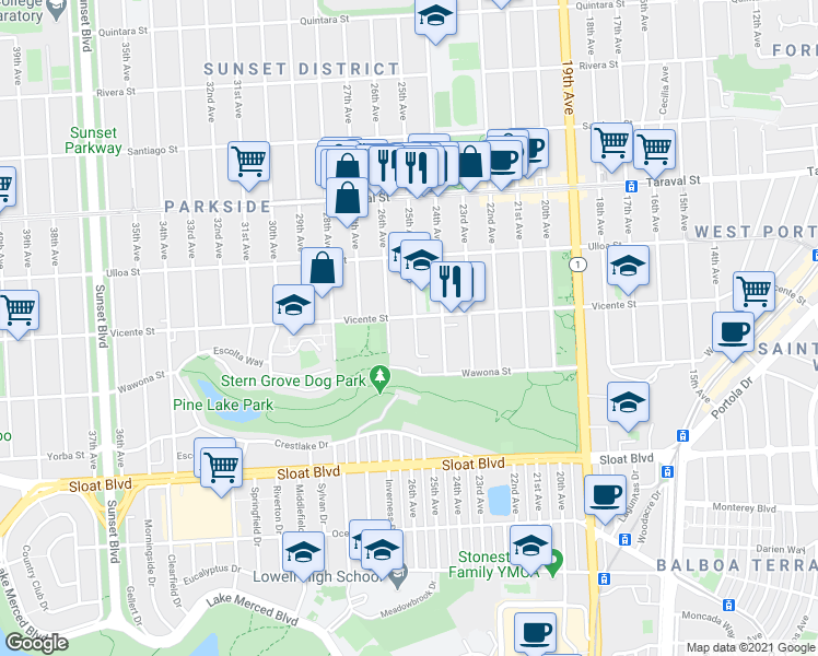 map of restaurants, bars, coffee shops, grocery stores, and more near 2624 26th Avenue in San Francisco