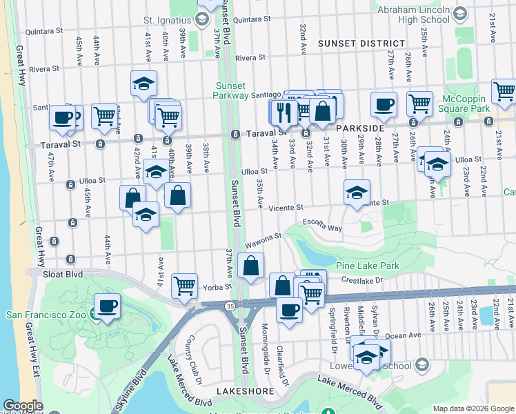 map of restaurants, bars, coffee shops, grocery stores, and more near 2419 Vicente Street in San Francisco