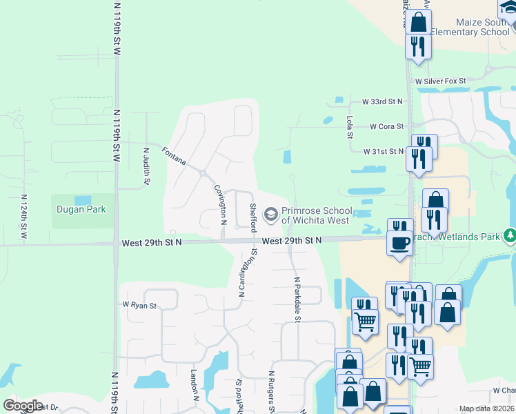 map of restaurants, bars, coffee shops, grocery stores, and more near 3102 North Shefford Street in Wichita