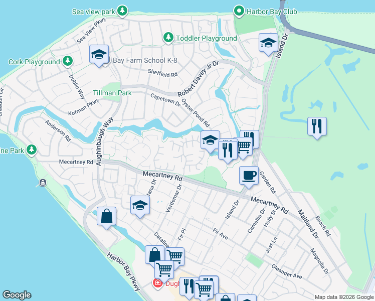 map of restaurants, bars, coffee shops, grocery stores, and more near 613 Ironwood Road in Alameda