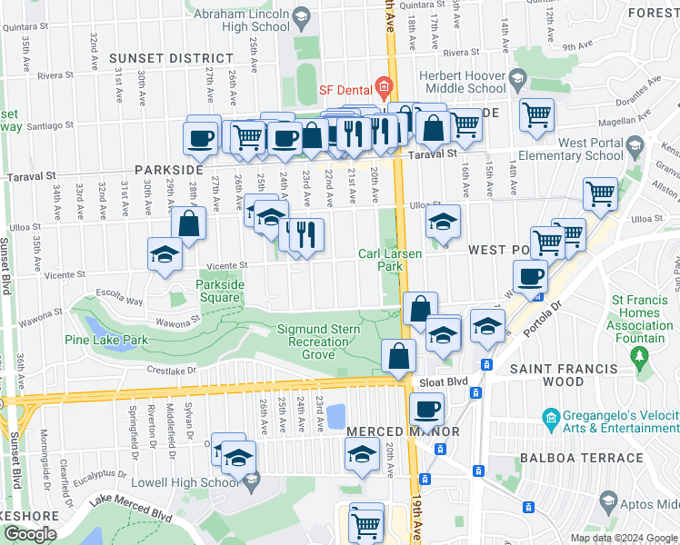map of restaurants, bars, coffee shops, grocery stores, and more near 2622 22nd Avenue in San Francisco