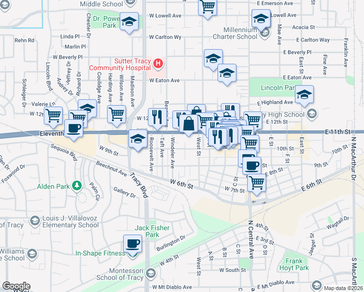 map of restaurants, bars, coffee shops, grocery stores, and more near 403 West 10th Street in Tracy