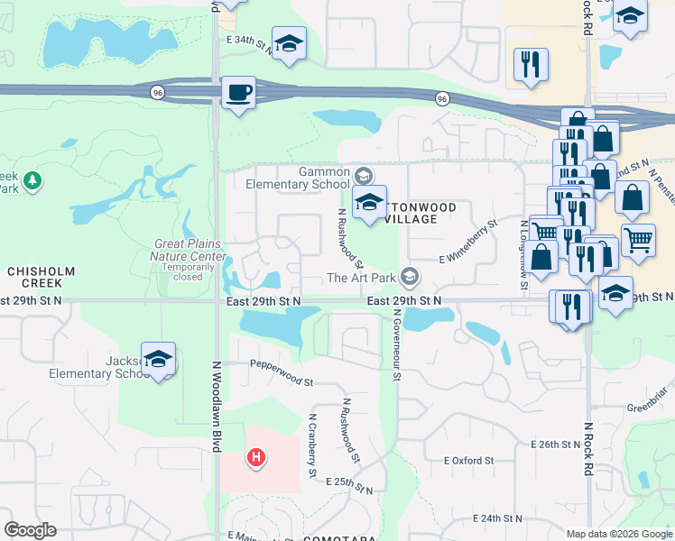 map of restaurants, bars, coffee shops, grocery stores, and more near 6738 East Winterberry Circle in Wichita