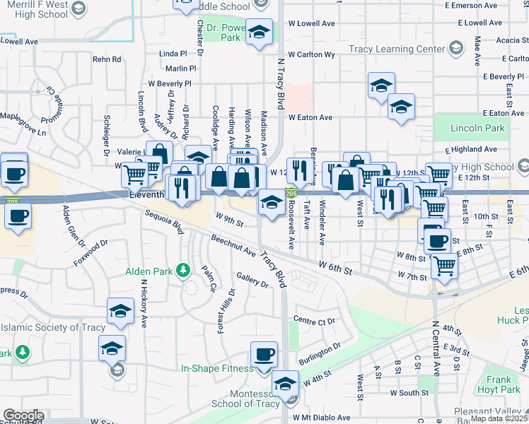 map of restaurants, bars, coffee shops, grocery stores, and more near in Tracy