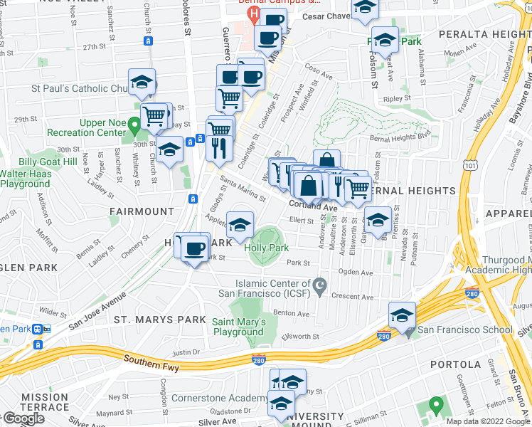 map of restaurants, bars, coffee shops, grocery stores, and more near 339 Elsie Street in San Francisco