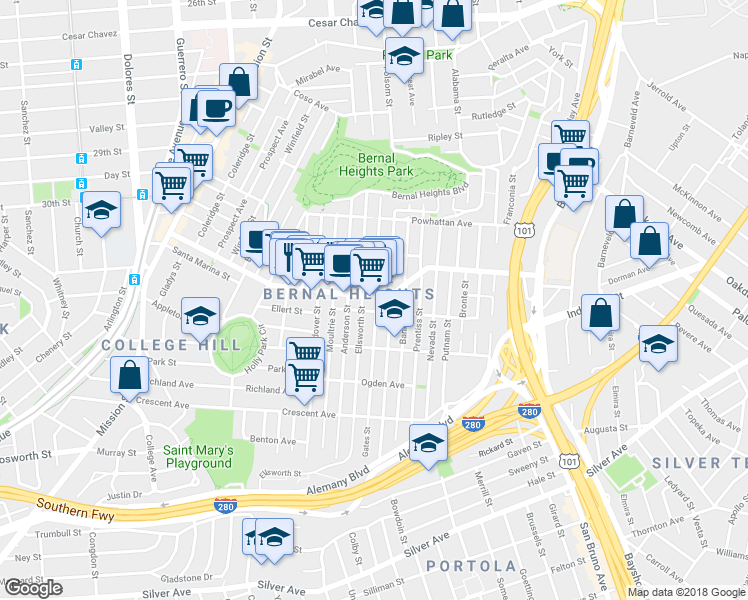 map of restaurants, bars, coffee shops, grocery stores, and more near 830 Cortland Avenue in San Francisco