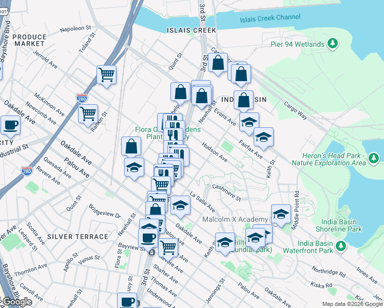 map of restaurants, bars, coffee shops, grocery stores, and more near 1535 Innes Avenue in San Francisco