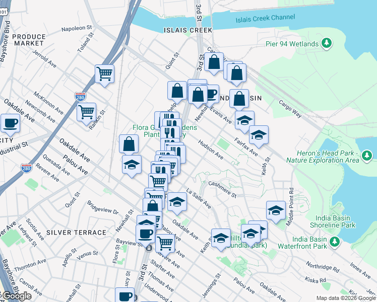 map of restaurants, bars, coffee shops, grocery stores, and more near 1535 Innes Avenue in San Francisco