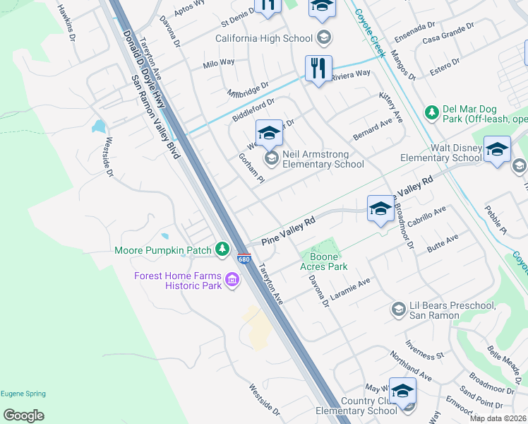 map of restaurants, bars, coffee shops, grocery stores, and more near 9732 Davona Drive in San Ramon