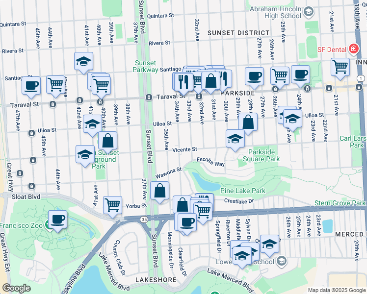 map of restaurants, bars, coffee shops, grocery stores, and more near 2238 Vicente Street in San Francisco