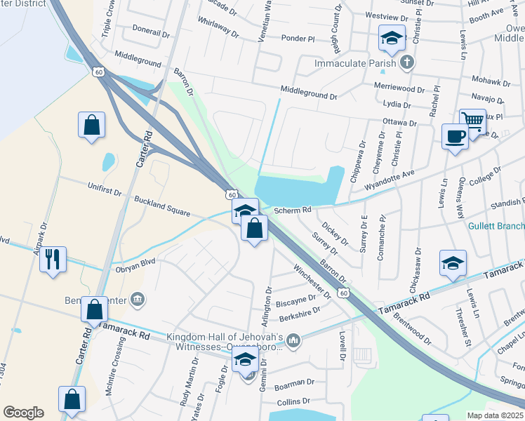 map of restaurants, bars, coffee shops, grocery stores, and more near Barron Drive in Owensboro