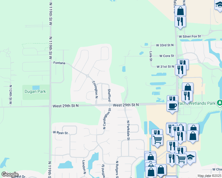 map of restaurants, bars, coffee shops, grocery stores, and more near 3102 North Shefford Street in Wichita
