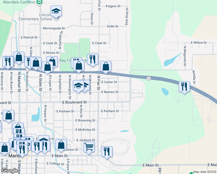 map of restaurants, bars, coffee shops, grocery stores, and more near Roosevelt St in Marion