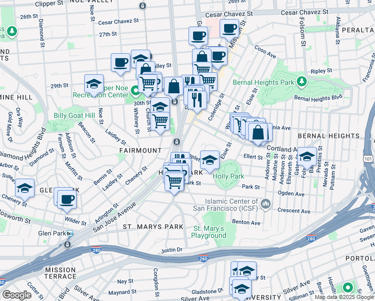 map of restaurants, bars, coffee shops, grocery stores, and more near 25 Appleton Avenue in San Francisco