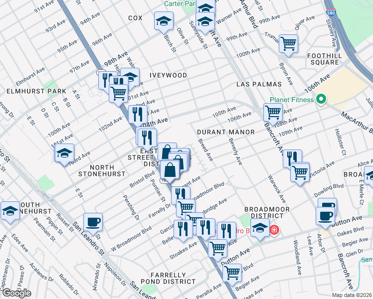 map of restaurants, bars, coffee shops, grocery stores, and more near 1622 Tucker Street in Oakland