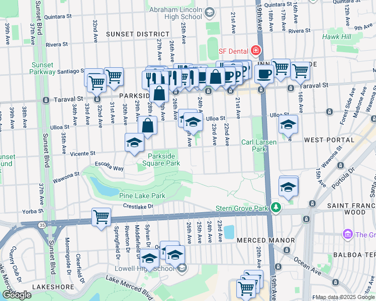 map of restaurants, bars, coffee shops, grocery stores, and more near 2624 26th Avenue in San Francisco