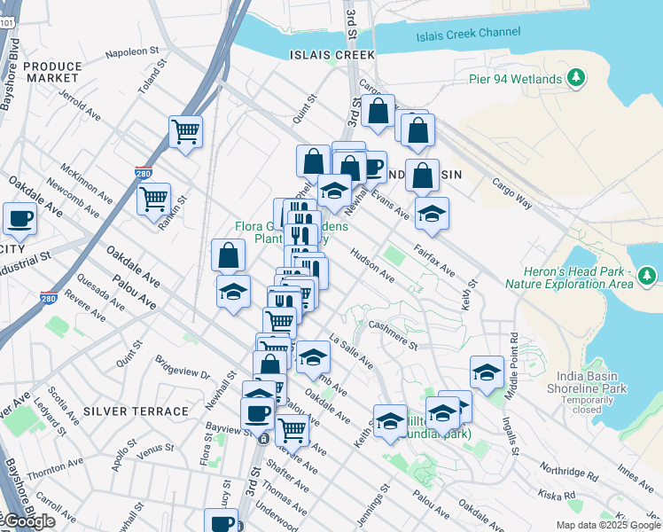 map of restaurants, bars, coffee shops, grocery stores, and more near 1535 Innes Avenue in San Francisco