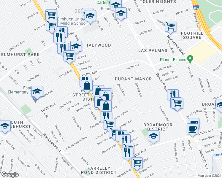 map of restaurants, bars, coffee shops, grocery stores, and more near 1644 Tucker Street in Oakland